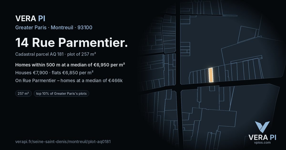 14 Rue Parmentier, Montreuil at night – the plot lit, the parcels around coloured by the prices near them