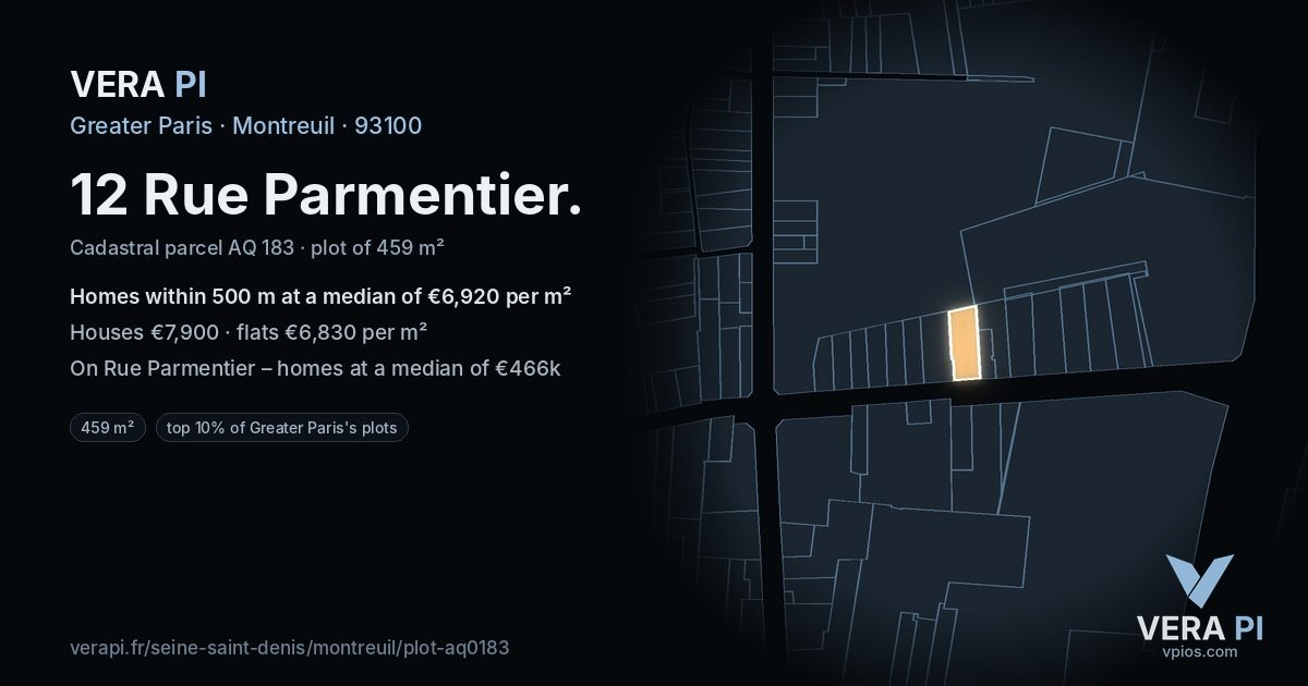 12 Rue Parmentier, Montreuil at night – the plot lit, the parcels around coloured by the prices near them