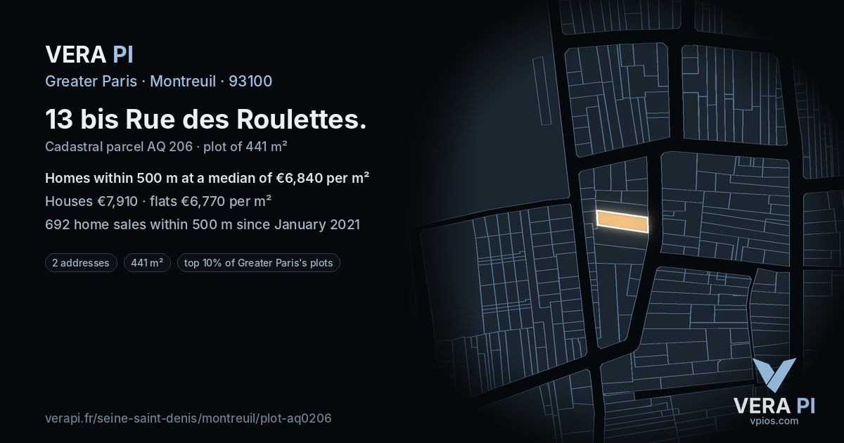 13 bis Rue des Roulettes, Montreuil at night – the plot lit, the parcels around coloured by the prices near them