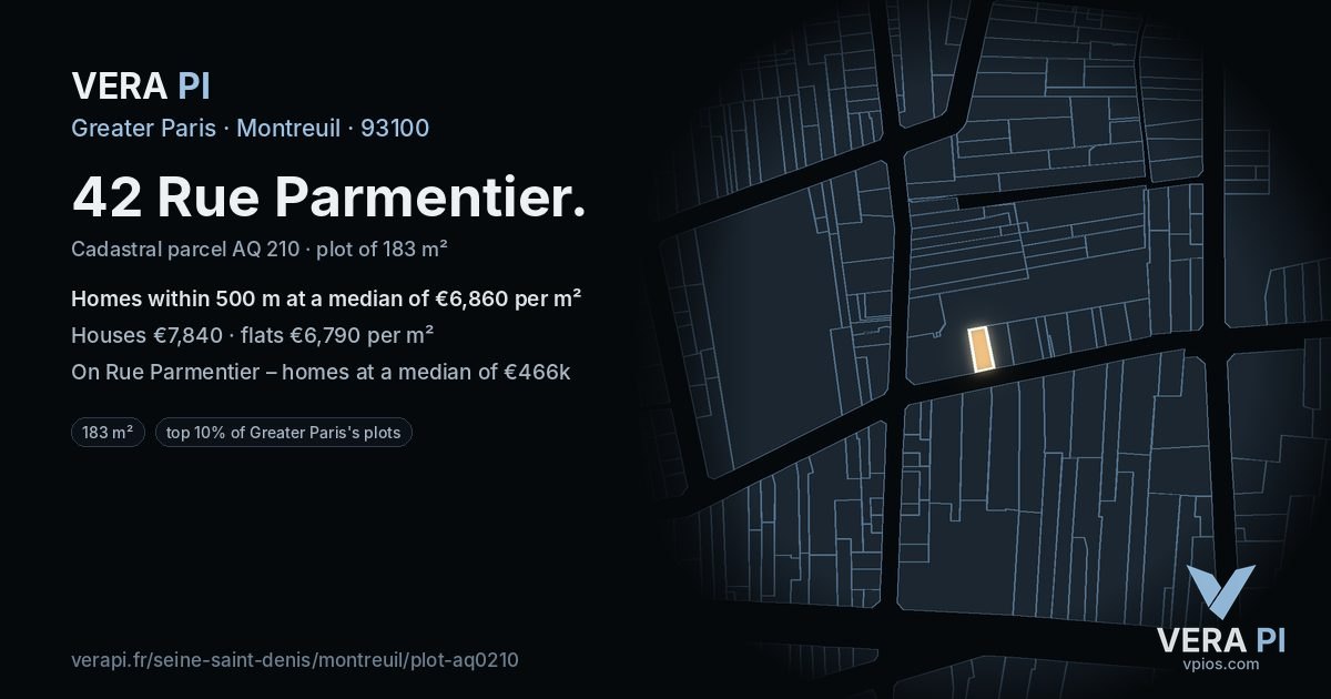 42 Rue Parmentier, Montreuil at night – the plot lit, the parcels around coloured by the prices near them