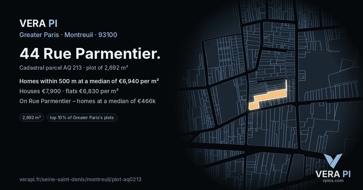 44 Rue Parmentier, Montreuil at night – the plot lit, the parcels around coloured by the prices near them