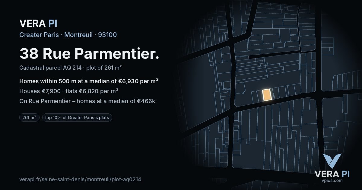 38 Rue Parmentier, Montreuil at night – the plot lit, the parcels around coloured by the prices near them
