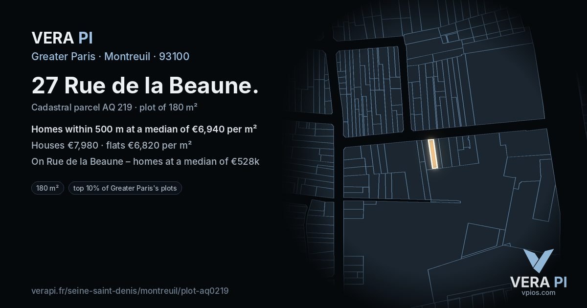 27 Rue de la Beaune, Montreuil at night – the plot lit, the parcels around coloured by the prices near them