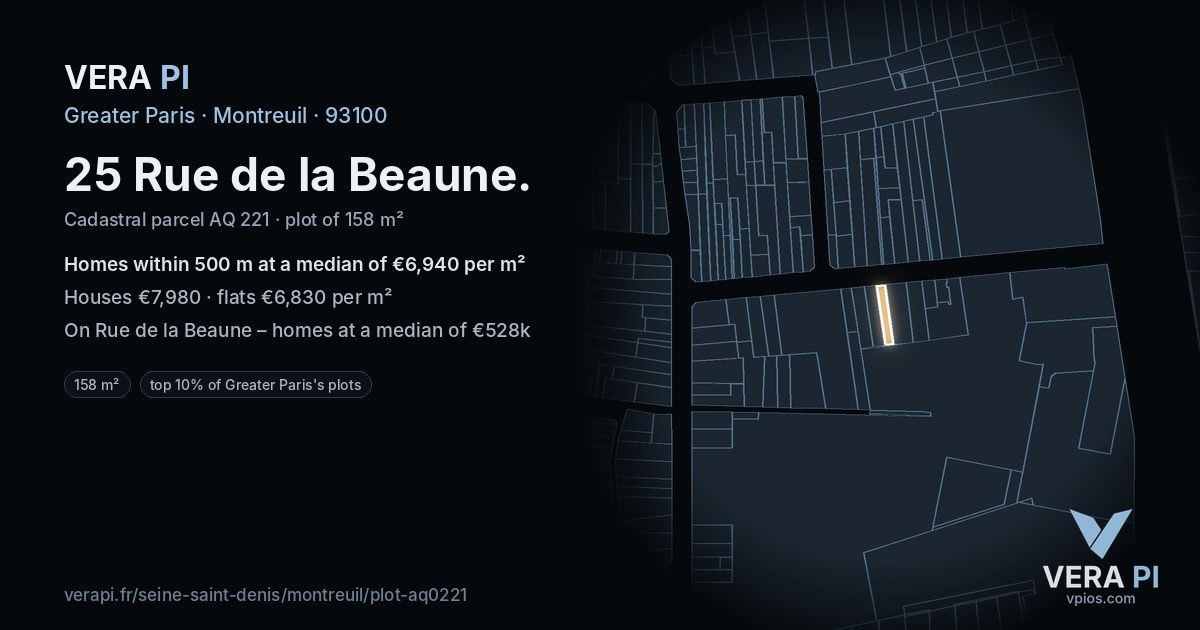 25 Rue de la Beaune, Montreuil at night – the plot lit, the parcels around coloured by the prices near them