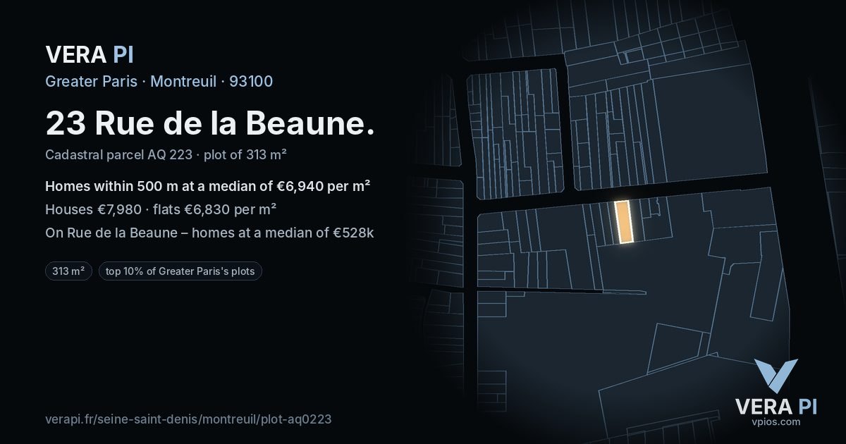 23 Rue de la Beaune, Montreuil at night – the plot lit, the parcels around coloured by the prices near them