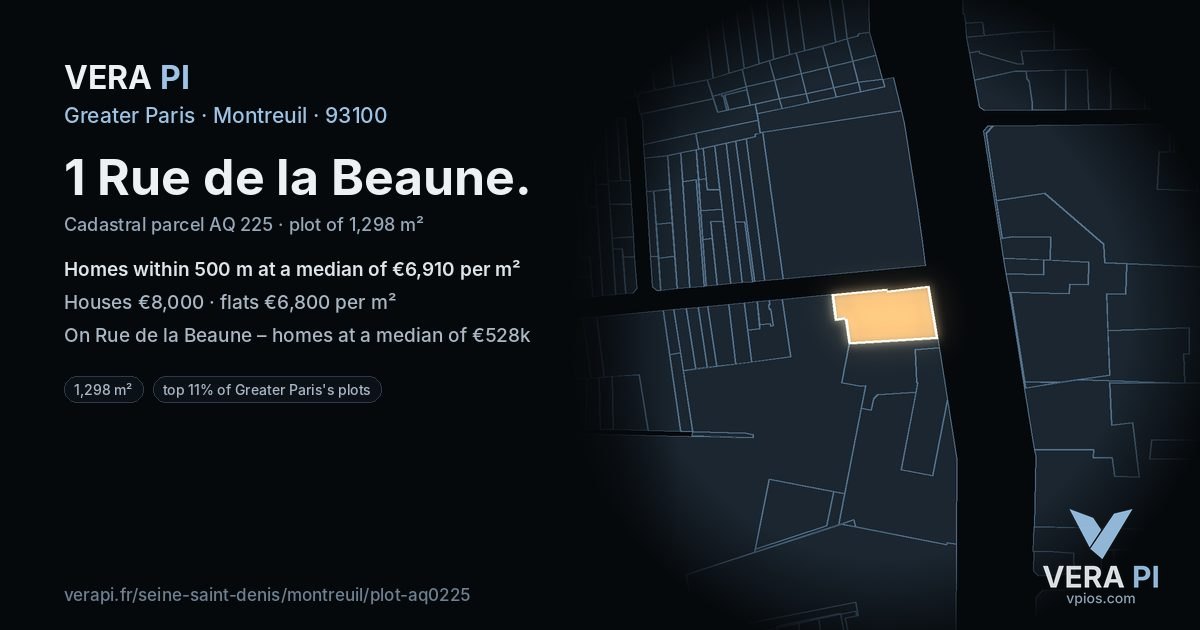 1 Rue de la Beaune, Montreuil at night – the plot lit, the parcels around coloured by the prices near them