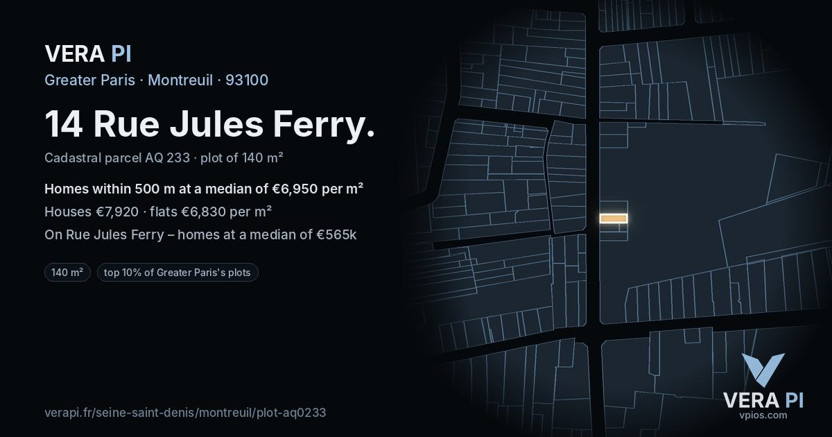14 Rue Jules Ferry, Montreuil at night – the plot lit, the parcels around coloured by the prices near them