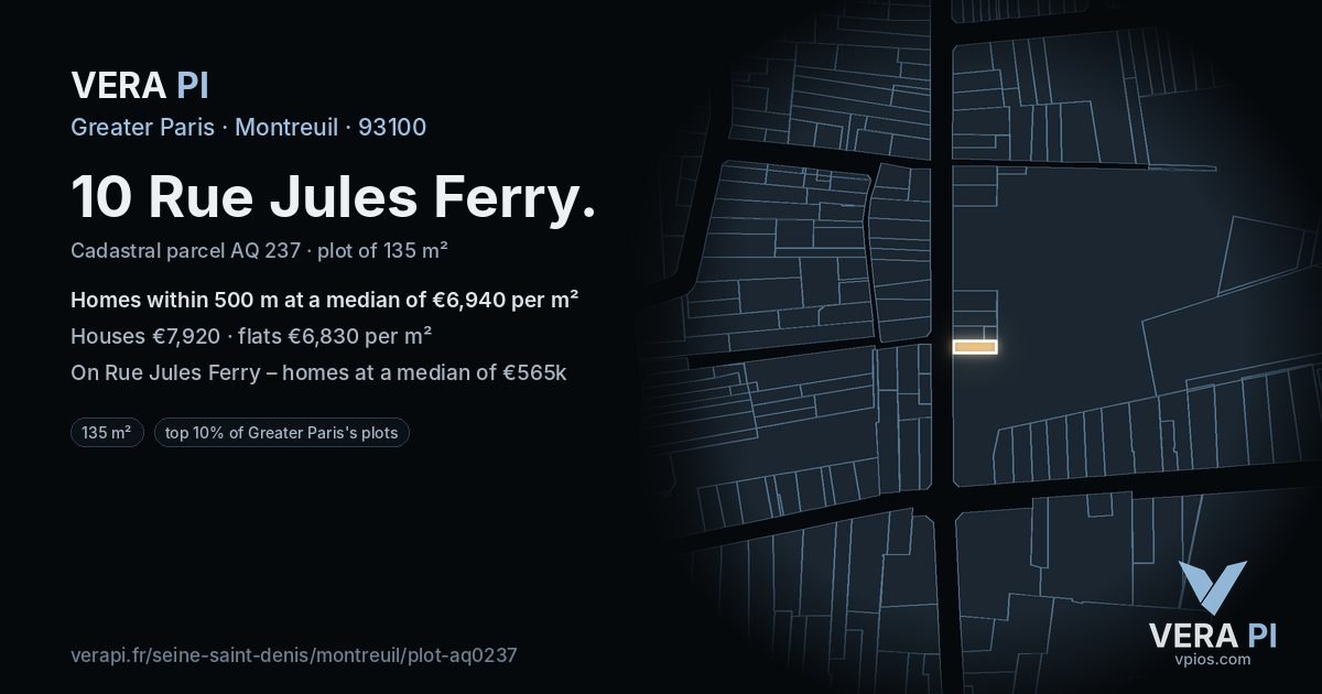 10 Rue Jules Ferry, Montreuil at night – the plot lit, the parcels around coloured by the prices near them