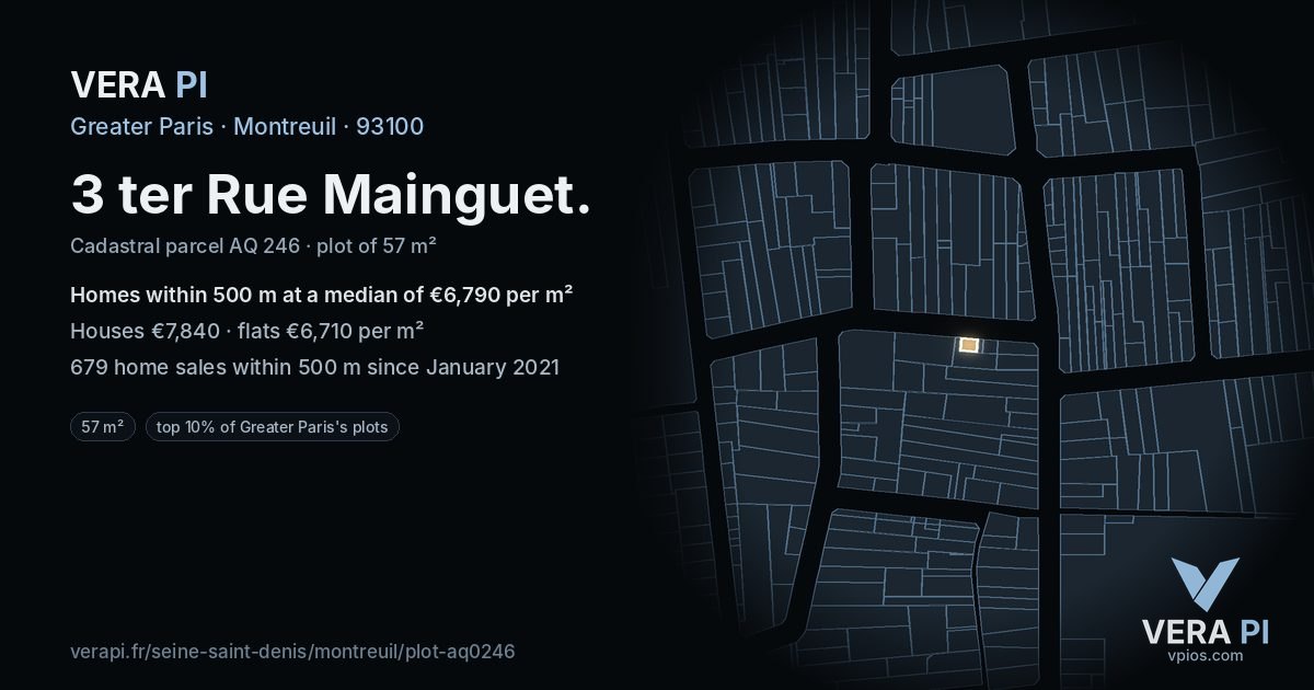 3 ter Rue Mainguet, Montreuil at night – the plot lit, the parcels around coloured by the prices near them