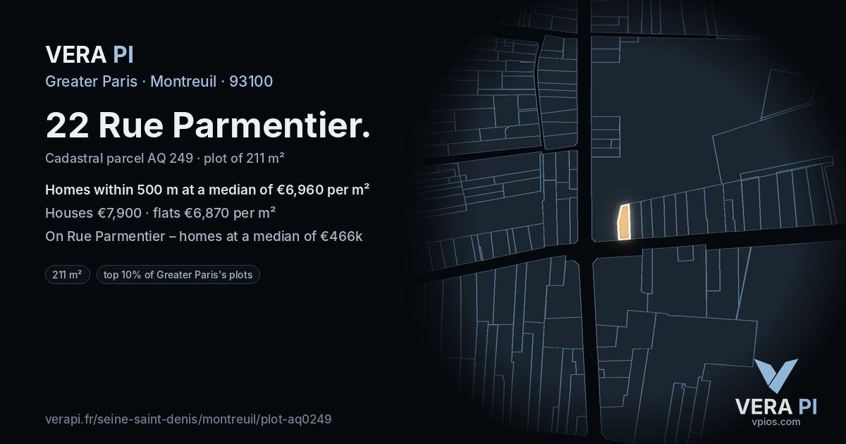 22 Rue Parmentier, Montreuil at night – the plot lit, the parcels around coloured by the prices near them