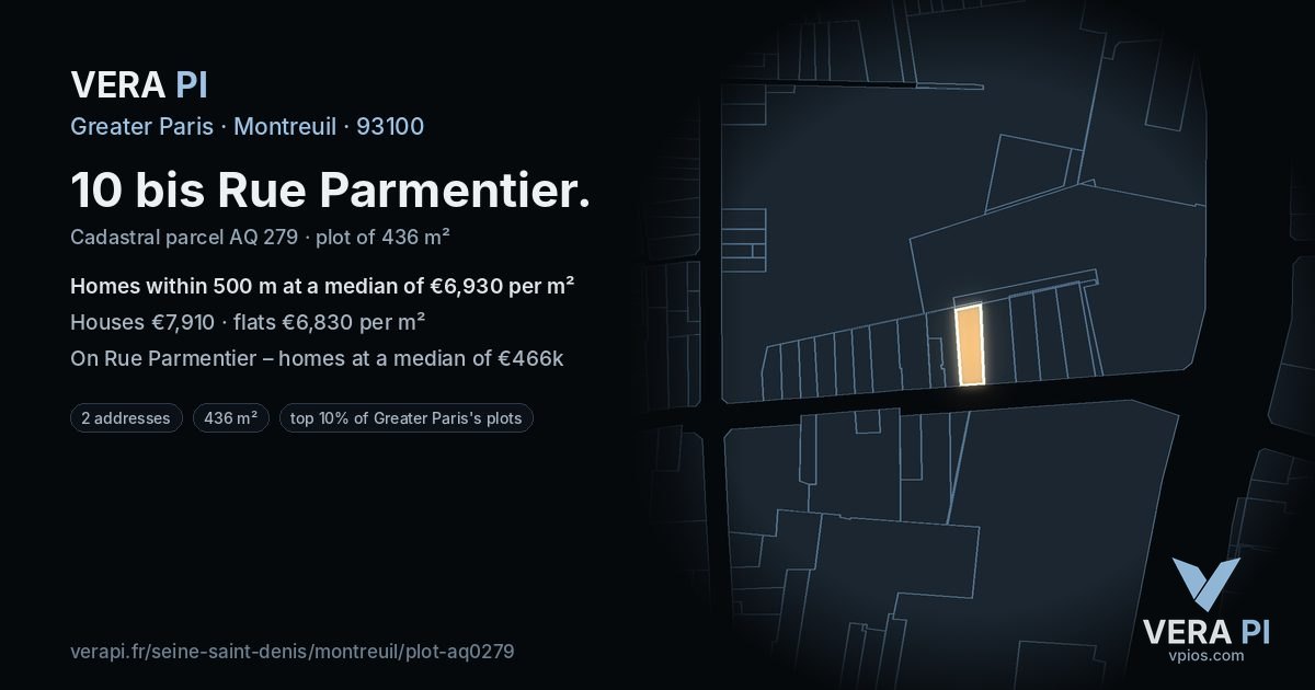 10 bis Rue Parmentier, Montreuil at night – the plot lit, the parcels around coloured by the prices near them