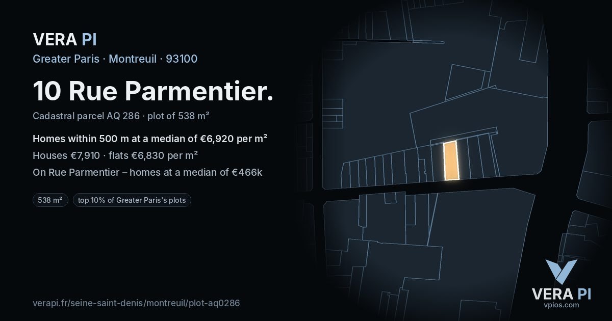 10 Rue Parmentier, Montreuil at night – the plot lit, the parcels around coloured by the prices near them