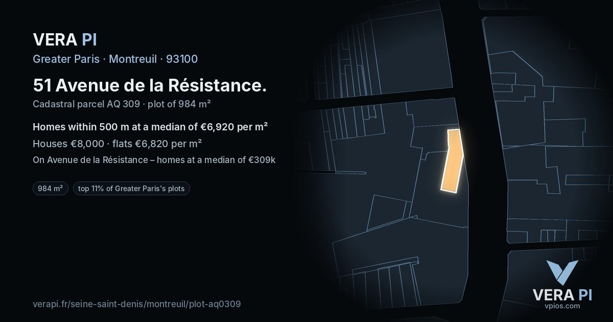 51 Avenue de la Résistance, Montreuil at night – the plot lit, the parcels around coloured by the prices near them