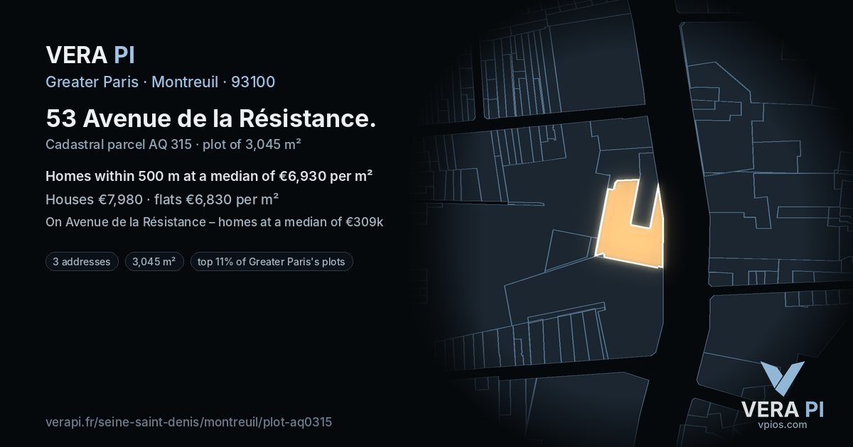 53 Avenue de la Résistance, Montreuil at night – the plot lit, the parcels around coloured by the prices near them