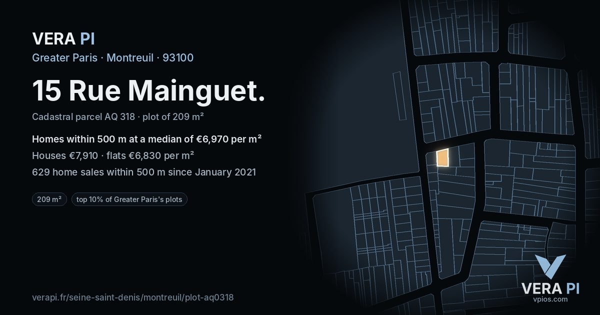 15 Rue Mainguet, Montreuil at night – the plot lit, the parcels around coloured by the prices near them
