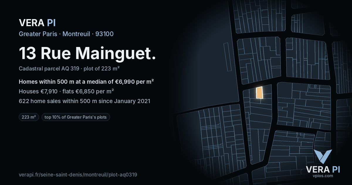 13 Rue Mainguet, Montreuil at night – the plot lit, the parcels around coloured by the prices near them