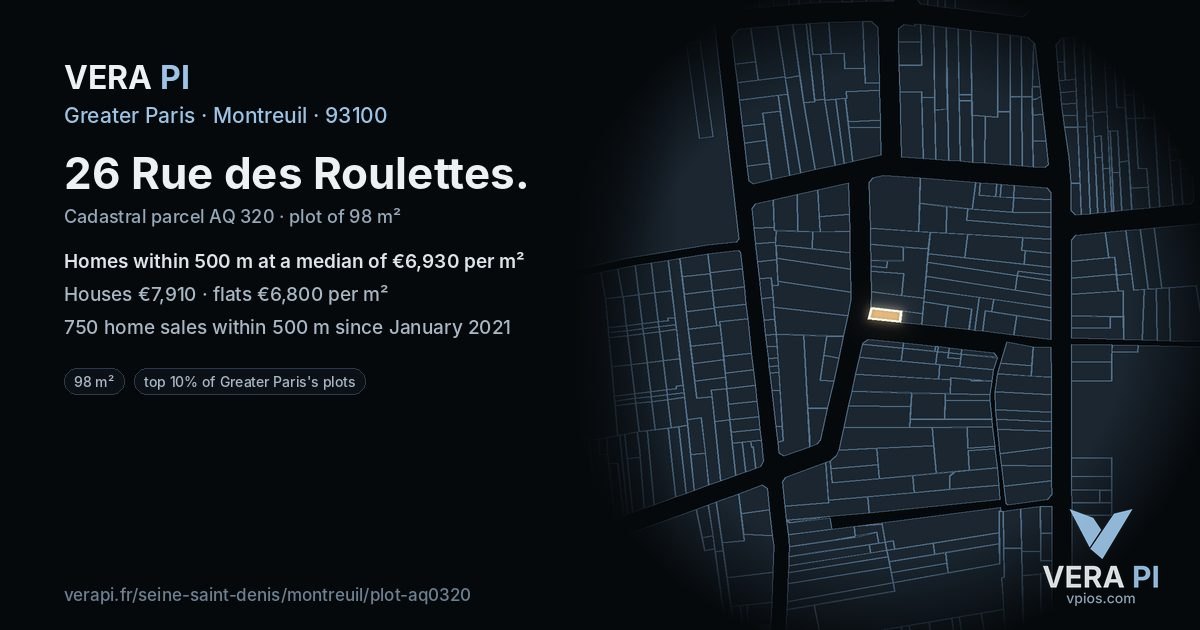 26 Rue des Roulettes, Montreuil at night – the plot lit, the parcels around coloured by the prices near them