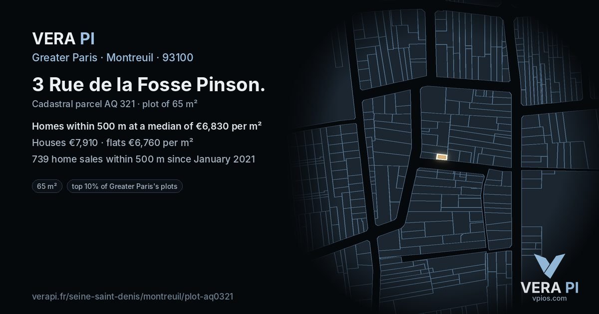 3 Rue de la Fosse Pinson, Montreuil at night – the plot lit, the parcels around coloured by the prices near them