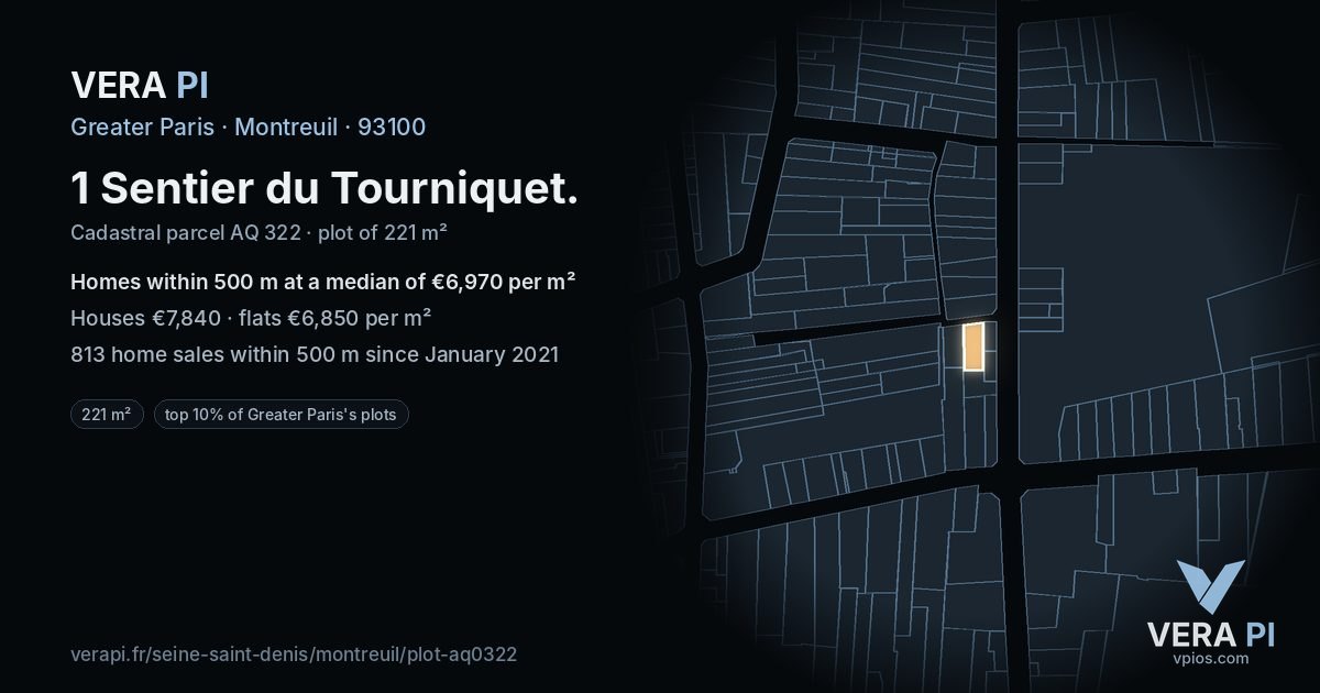 1 Sentier du Tourniquet, Montreuil at night – the plot lit, the parcels around coloured by the prices near them