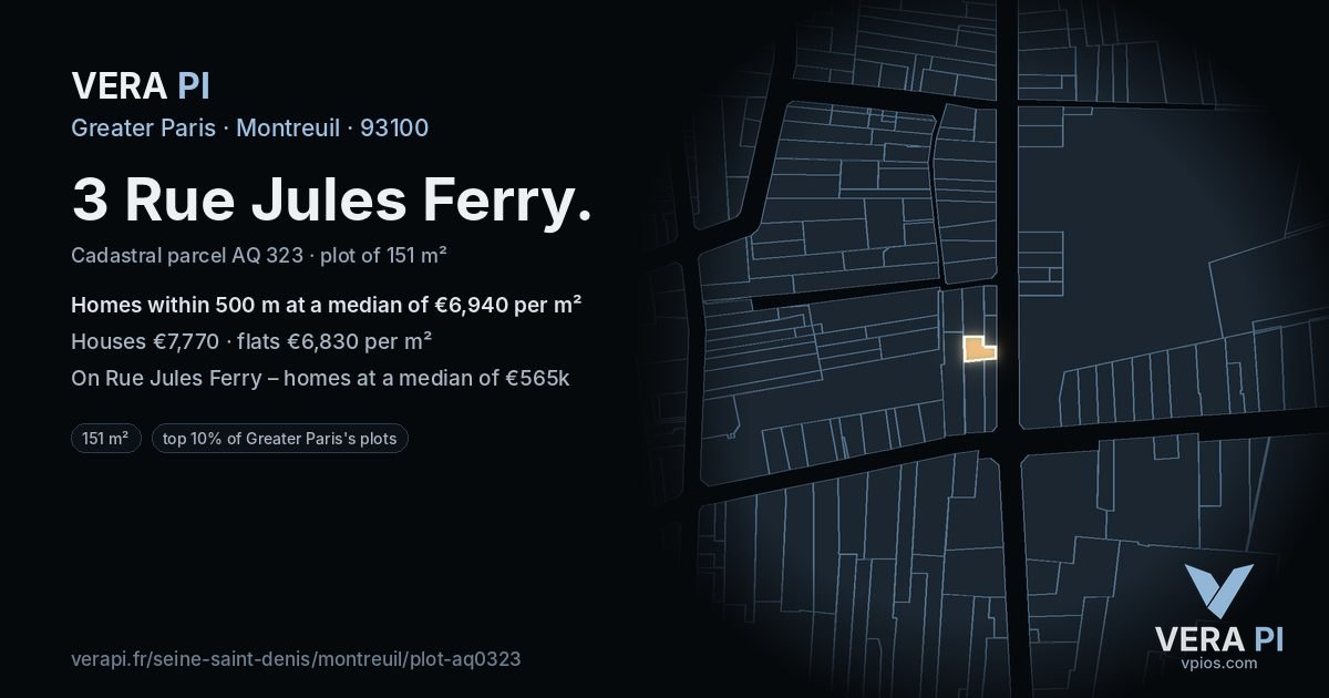 3 Rue Jules Ferry, Montreuil at night – the plot lit, the parcels around coloured by the prices near them