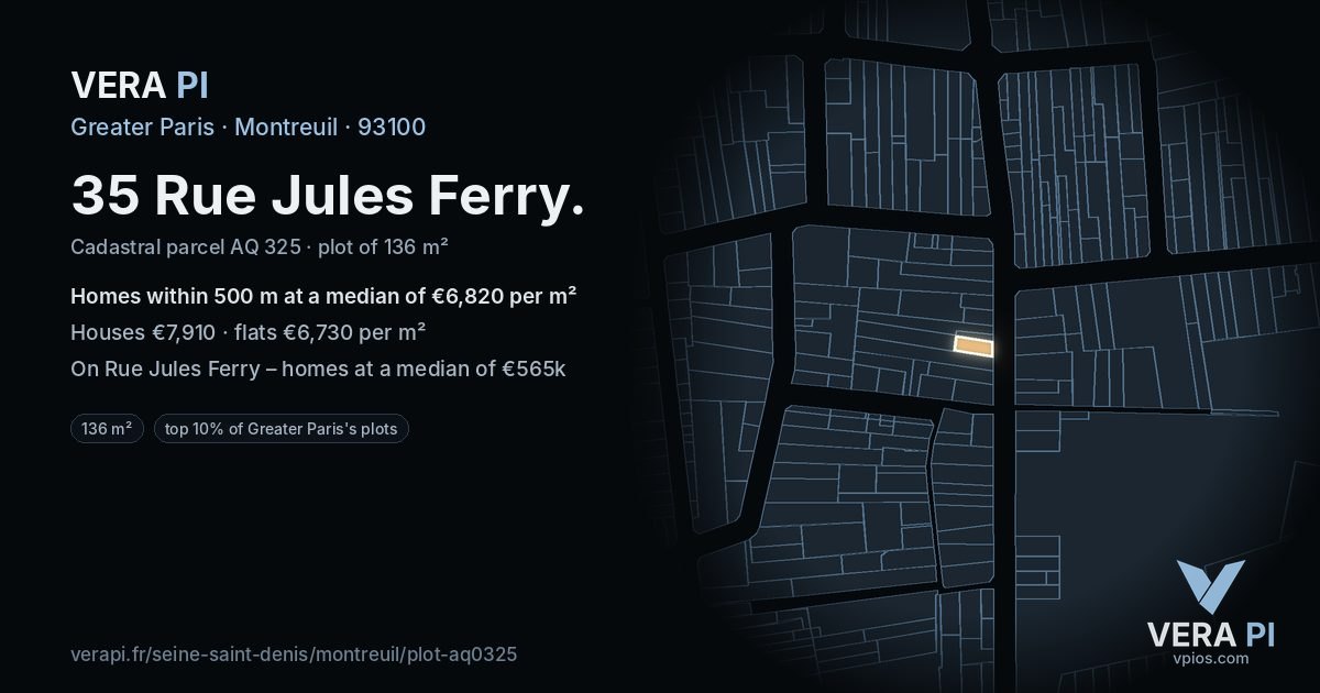 35 Rue Jules Ferry, Montreuil at night – the plot lit, the parcels around coloured by the prices near them