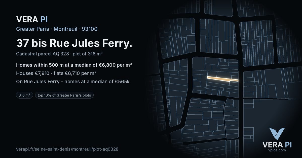 37 bis Rue Jules Ferry, Montreuil at night – the plot lit, the parcels around coloured by the prices near them