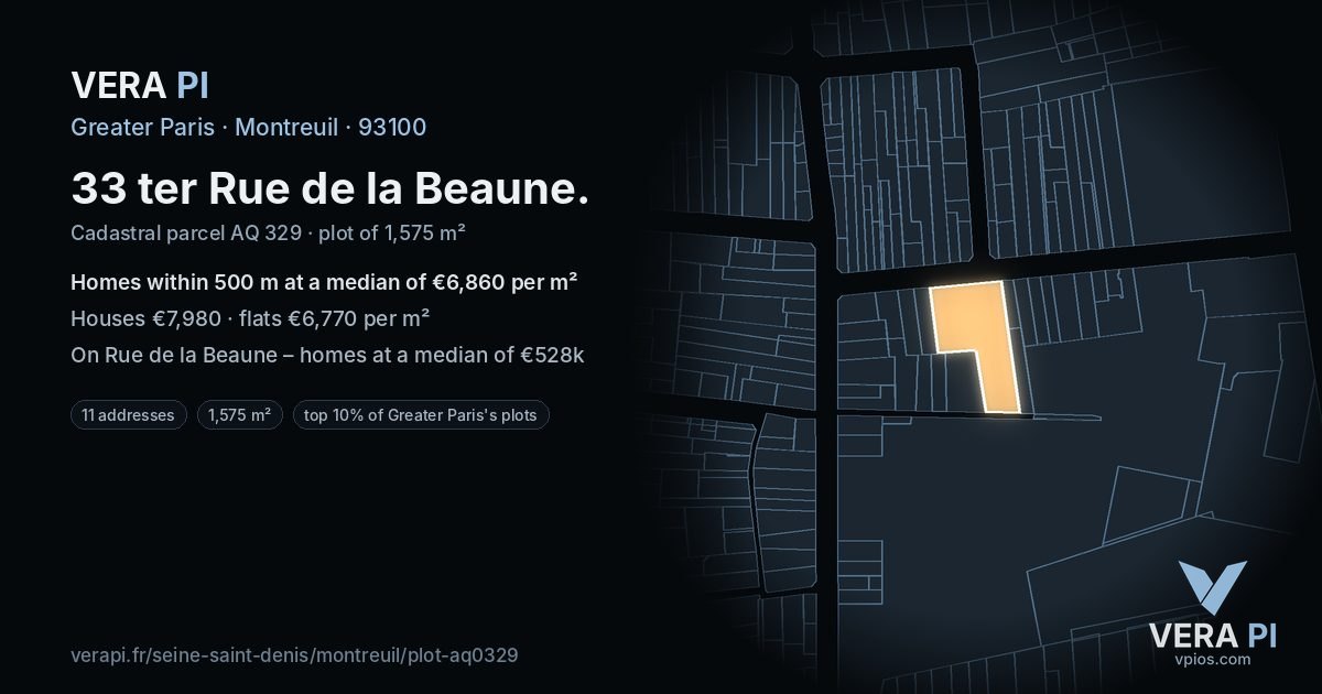 33 ter Rue de la Beaune, Montreuil at night – the plot lit, the parcels around coloured by the prices near them