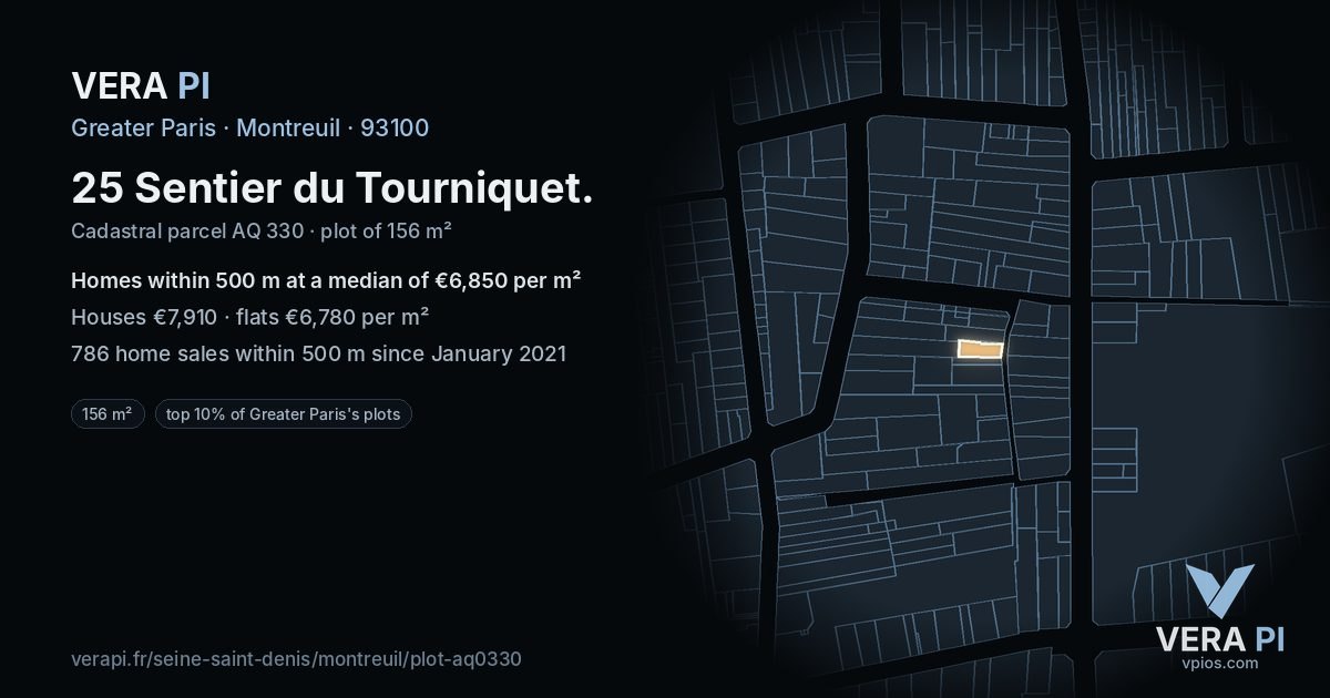 25 Sentier du Tourniquet, Montreuil at night – the plot lit, the parcels around coloured by the prices near them