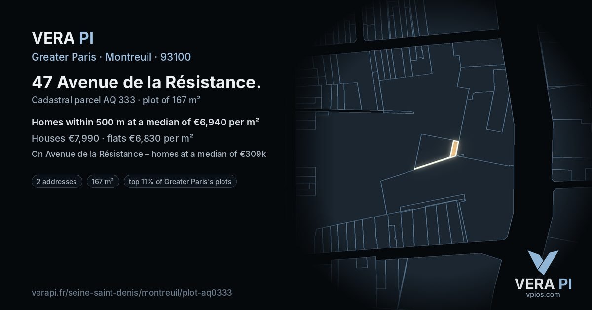 47 Avenue de la Résistance, Montreuil at night – the plot lit, the parcels around coloured by the prices near them
