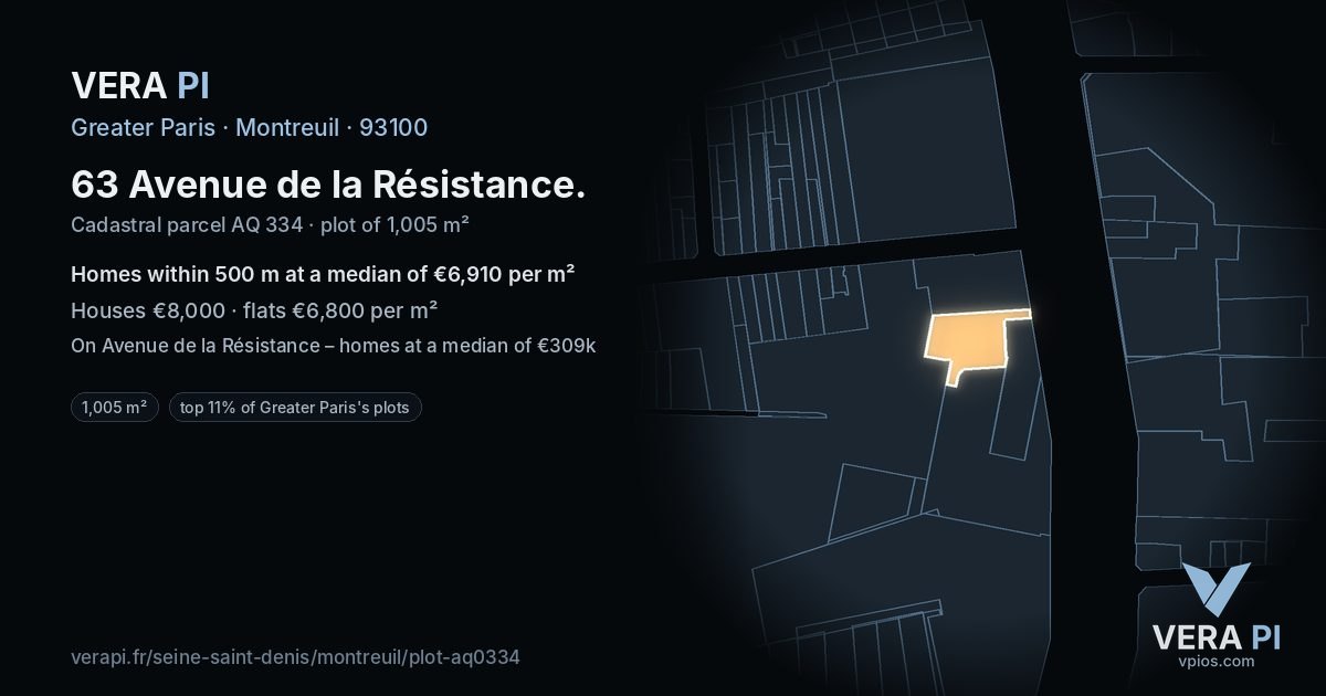 63 Avenue de la Résistance, Montreuil at night – the plot lit, the parcels around coloured by the prices near them