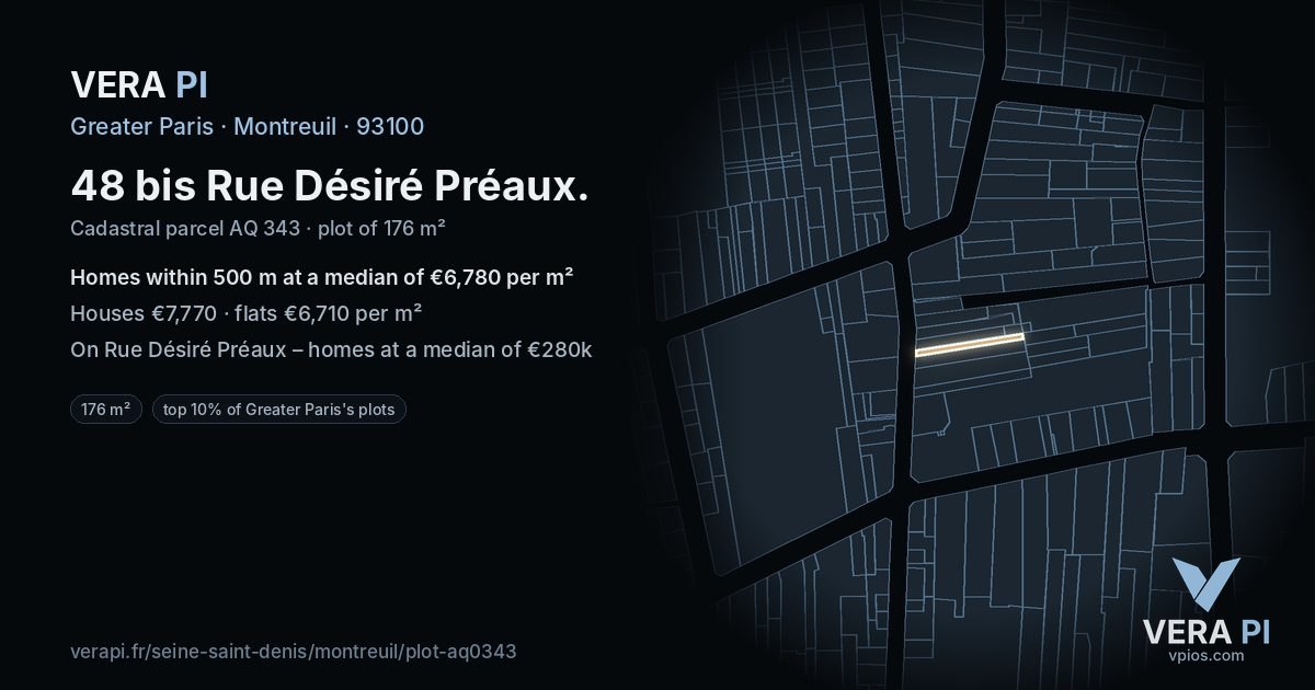 48 bis Rue Désiré Préaux, Montreuil at night – the plot lit, the parcels around coloured by the prices near them