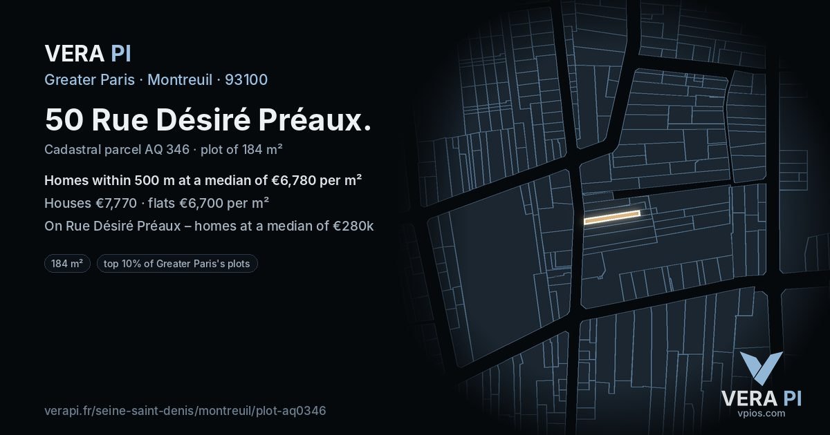 50 Rue Désiré Préaux, Montreuil at night – the plot lit, the parcels around coloured by the prices near them
