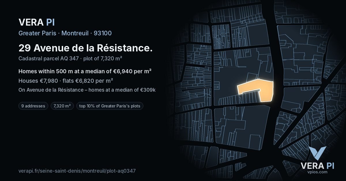 29 Avenue de la Résistance, Montreuil at night – the plot lit, the parcels around coloured by the prices near them