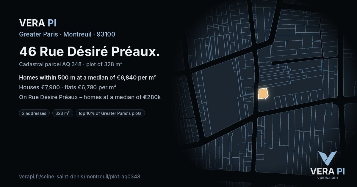46 Rue Désiré Préaux, Montreuil at night – the plot lit, the parcels around coloured by the prices near them