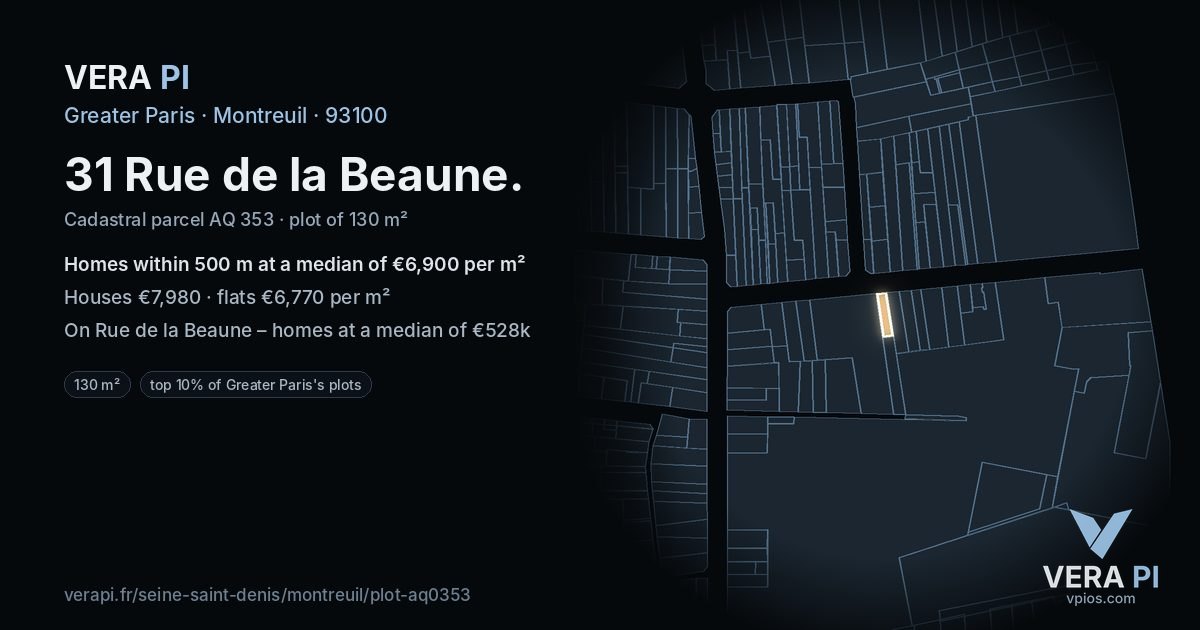 31 Rue de la Beaune, Montreuil at night – the plot lit, the parcels around coloured by the prices near them