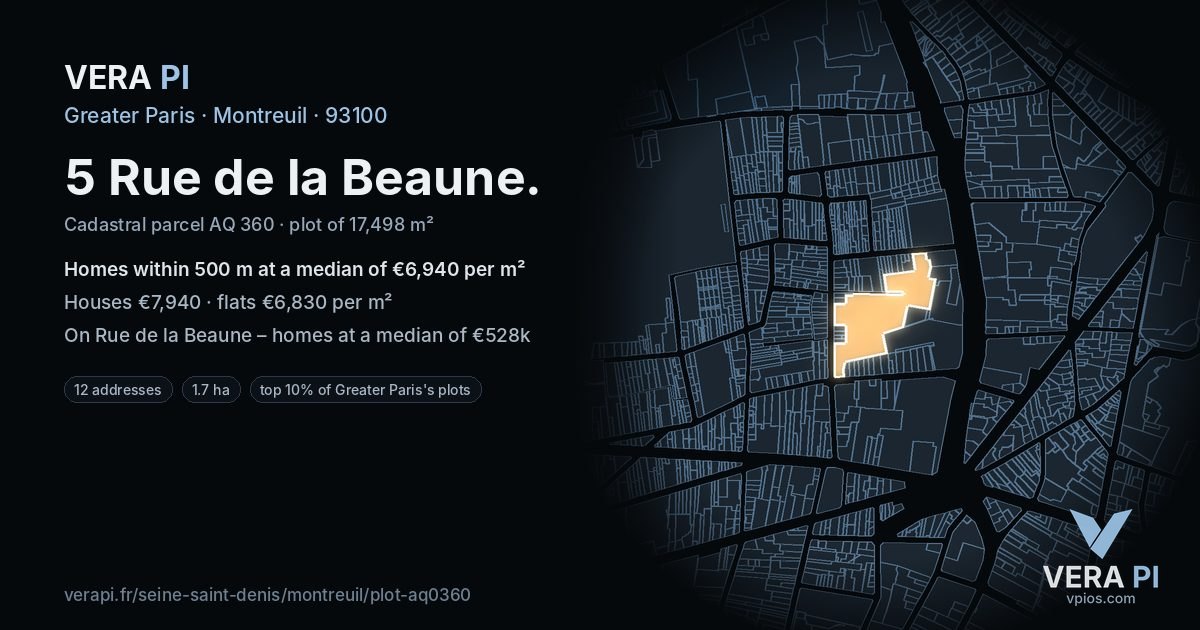 5 Rue de la Beaune, Montreuil at night – the plot lit, the parcels around coloured by the prices near them