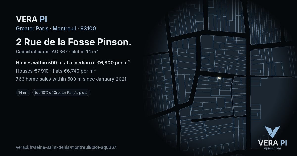 2 Rue de la Fosse Pinson, Montreuil at night – the plot lit, the parcels around coloured by the prices near them