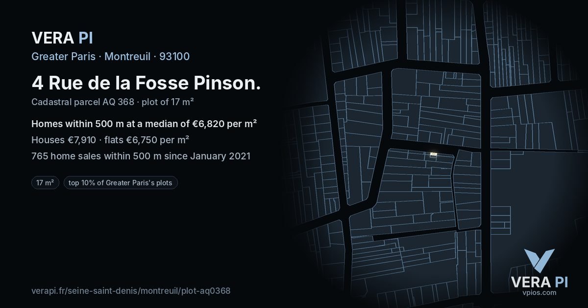 4 Rue de la Fosse Pinson, Montreuil at night – the plot lit, the parcels around coloured by the prices near them