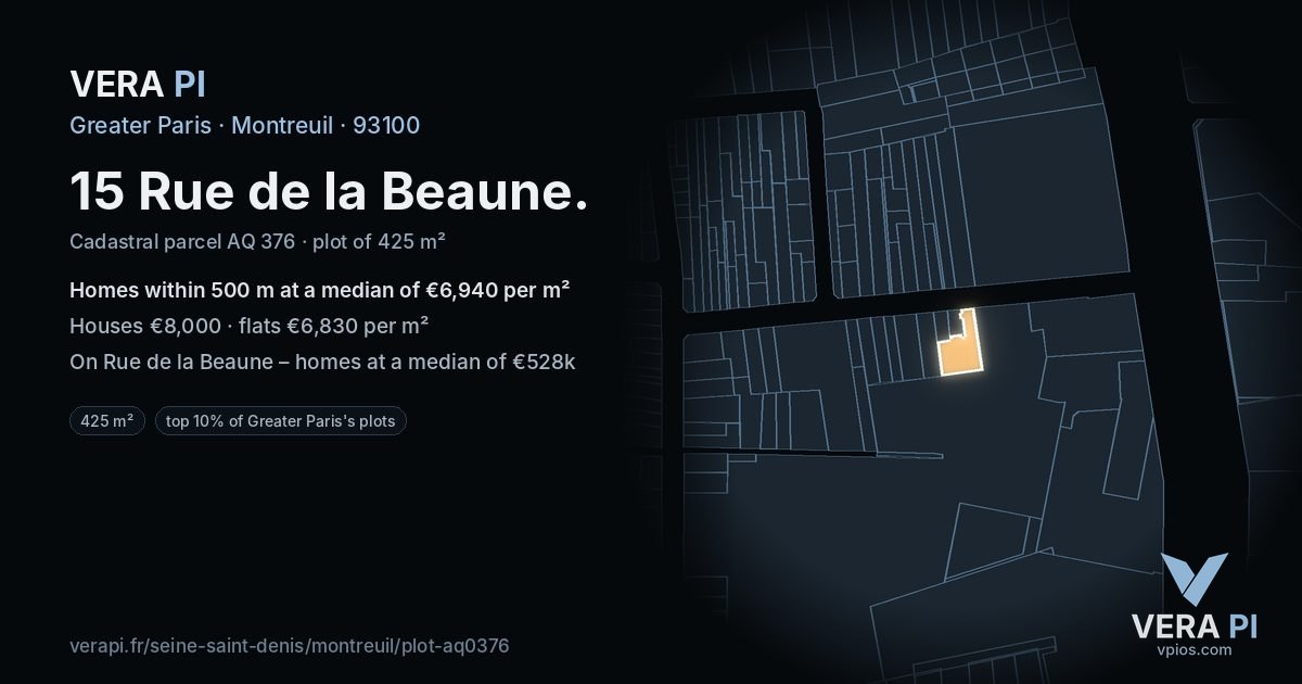 15 Rue de la Beaune, Montreuil at night – the plot lit, the parcels around coloured by the prices near them