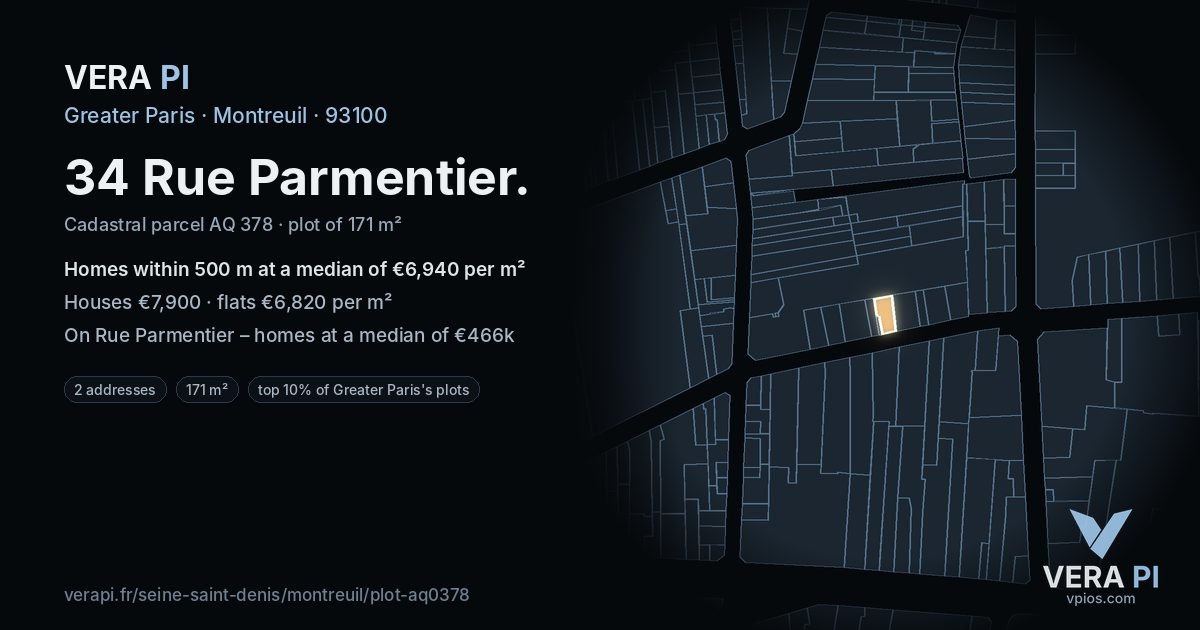 34 Rue Parmentier, Montreuil at night – the plot lit, the parcels around coloured by the prices near them