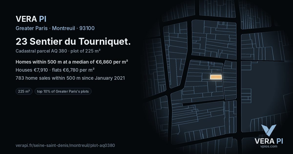 23 Sentier du Tourniquet, Montreuil at night – the plot lit, the parcels around coloured by the prices near them
