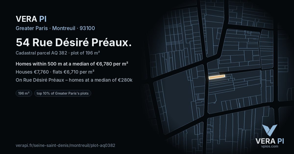 54 Rue Désiré Préaux, Montreuil at night – the plot lit, the parcels around coloured by the prices near them