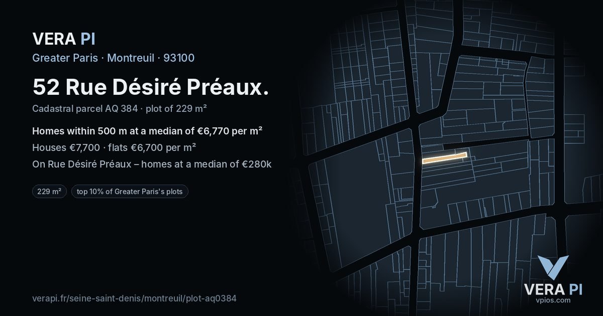 52 Rue Désiré Préaux, Montreuil at night – the plot lit, the parcels around coloured by the prices near them