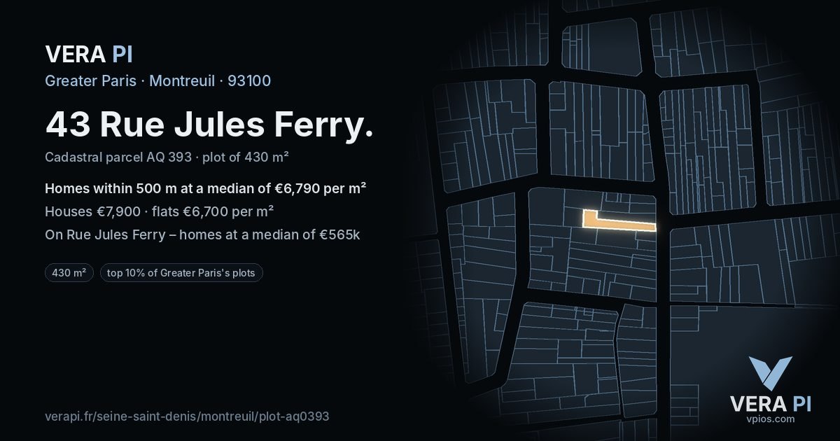 43 Rue Jules Ferry, Montreuil at night – the plot lit, the parcels around coloured by the prices near them