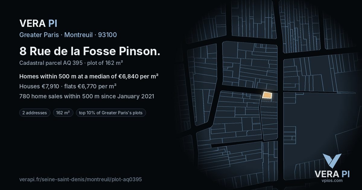 8 Rue de la Fosse Pinson, Montreuil at night – the plot lit, the parcels around coloured by the prices near them