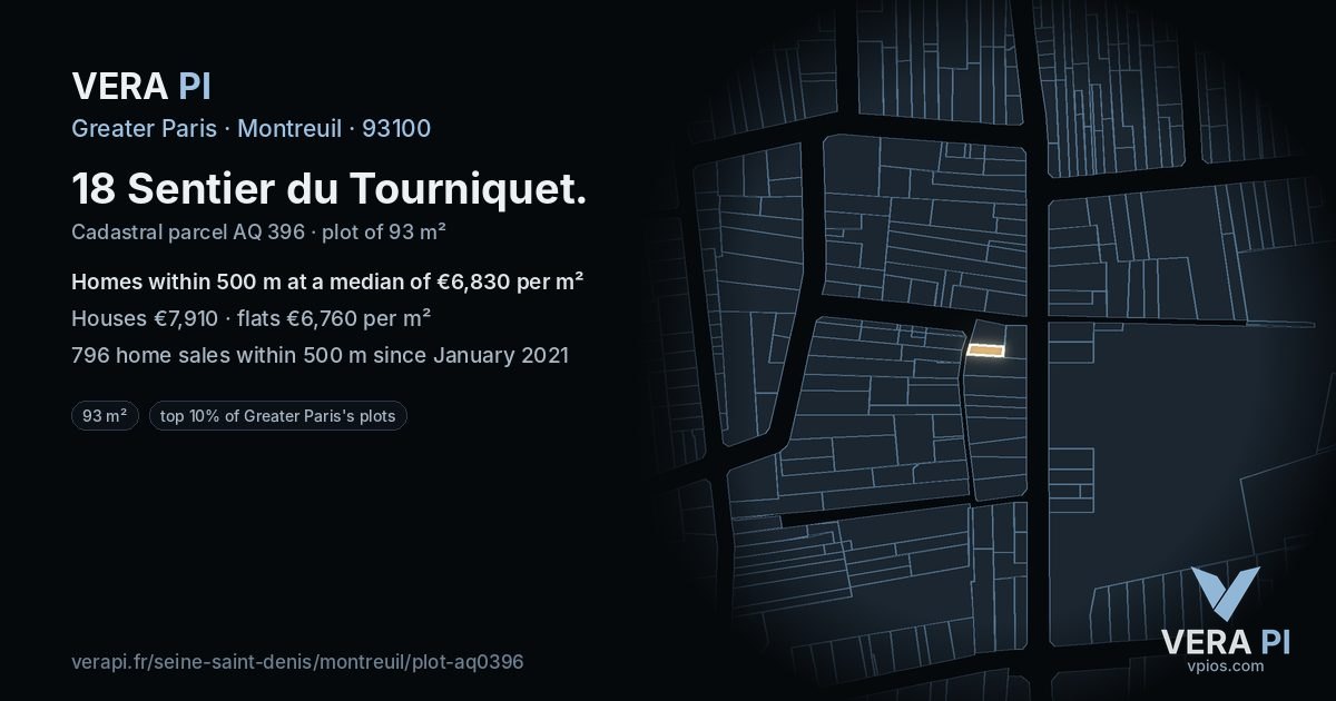 18 Sentier du Tourniquet, Montreuil at night – the plot lit, the parcels around coloured by the prices near them