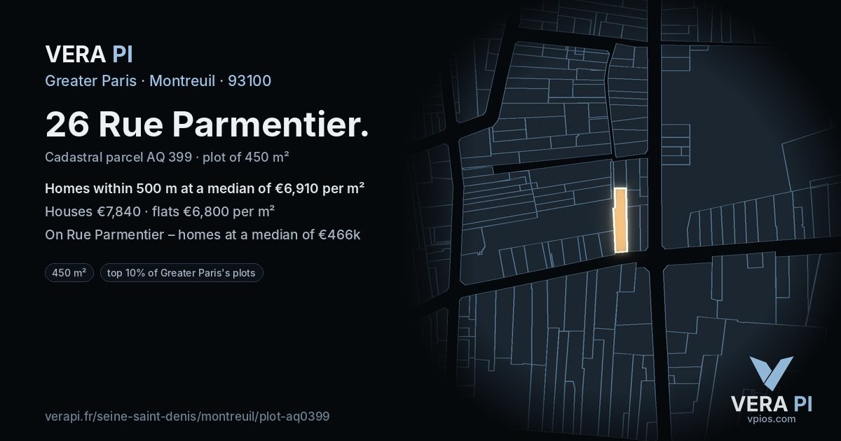 26 Rue Parmentier, Montreuil at night – the plot lit, the parcels around coloured by the prices near them
