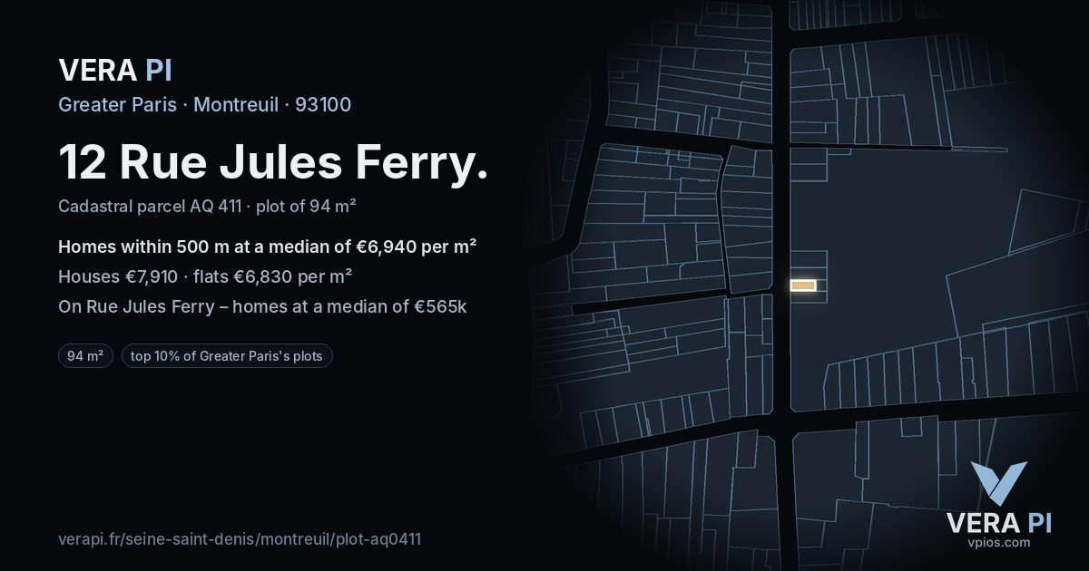 12 Rue Jules Ferry, Montreuil at night – the plot lit, the parcels around coloured by the prices near them