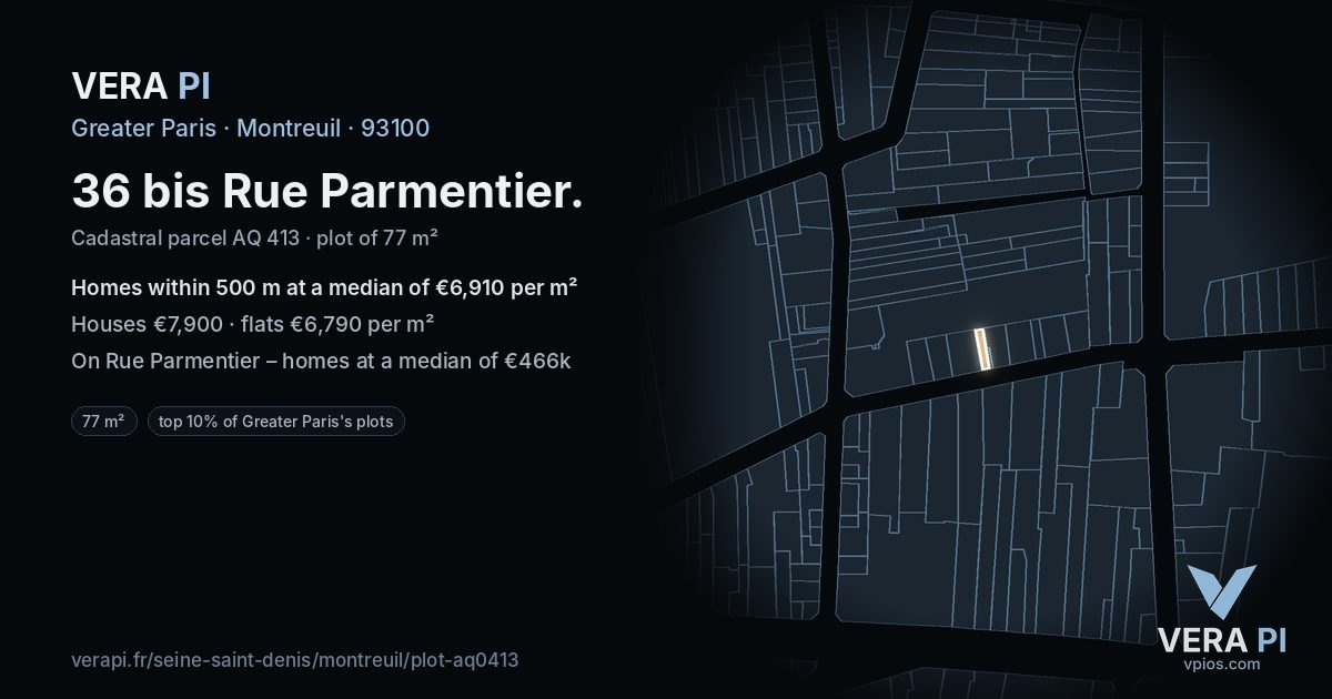 36 bis Rue Parmentier, Montreuil at night – the plot lit, the parcels around coloured by the prices near them