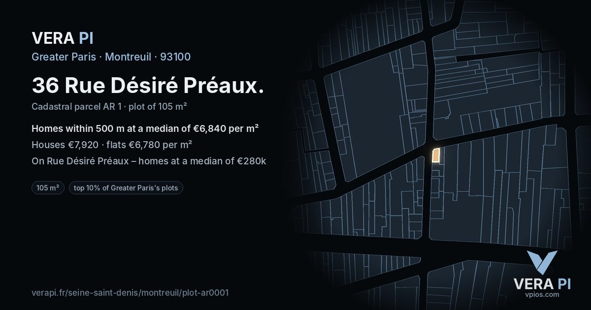 36 Rue Désiré Préaux, Montreuil at night – the plot lit, the parcels around coloured by the prices near them